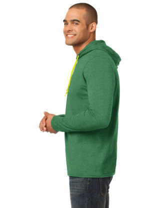AP-44918-Men-Anvil® 100% Ring Spun Cotton Long Sleeve Hooded T-Heather Green / Neon Yellow-Right