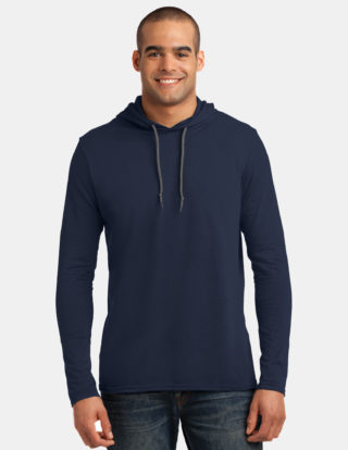 AP-44918-Men-Anvil® 100% Ring Spun Cotton Long Sleeve Hooded T-Shirt-Navy / Dark Grey-Front