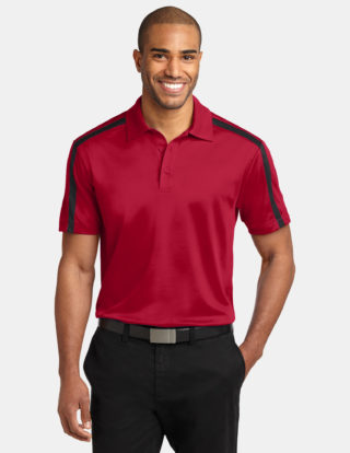 AP-45418-Men-Port Authority® Silk Touch™ Performance Colorblock Stripe Polo-Red / Black-Front