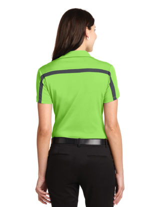 AP-45482-Women-Port Authority® Ladies Silk Touch™ Performance Colorblock Stripe Polo-Lime / Steel Grey-Back