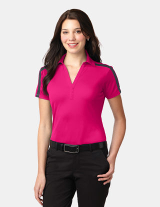 AP-45482-Women-Port Authority® Ladies Silk Touch™ Performance Colorblock Stripe Polo-Pink Raspberry / Steel Grey-Front