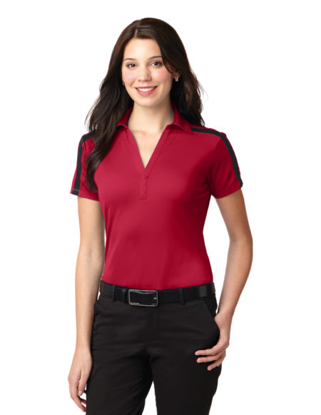 AP-45482-Women-Port Authority® Ladies Silk Touch™ Performance Colorblock Stripe Polo-Red / Black-Front