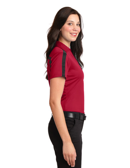 AP-45482-Women-Port Authority® Ladies Silk Touch™ Performance Colorblock Stripe Polo-Red / Black-Left