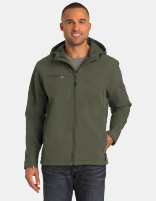 AP-64478-Men-Port Authority® Textured Hooded Soft Shell Jacket-Mineral Green/ Soft Orange-Front