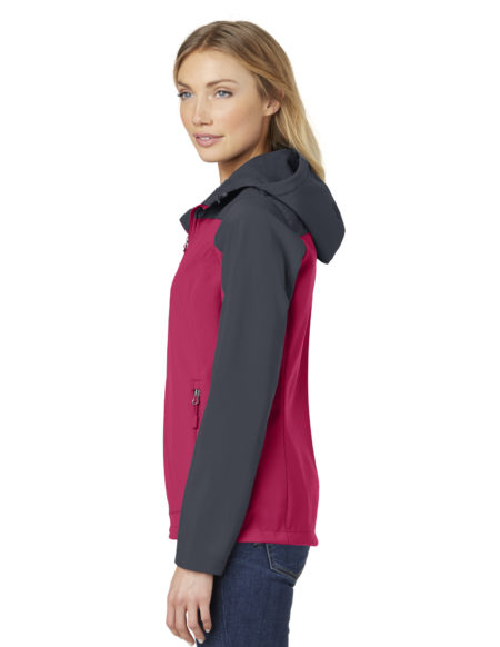 AP-64998-Women-Port Authority® Ladies Hooded Core Soft Shell Jacket-Dark Fuchsia/ Battleship Grey-Left