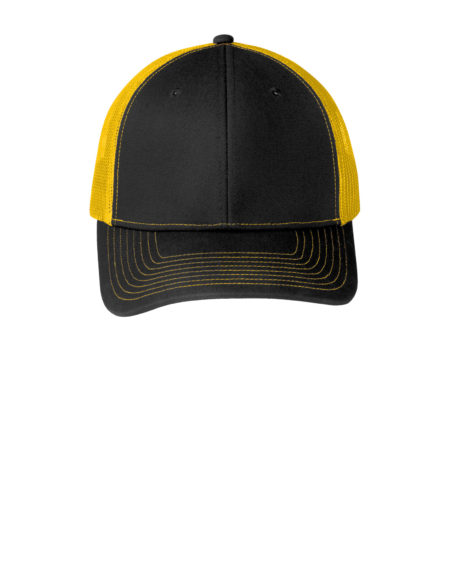 AP-74912-Port Authority® Snapback Trucker Cap-Black / Gold-Front